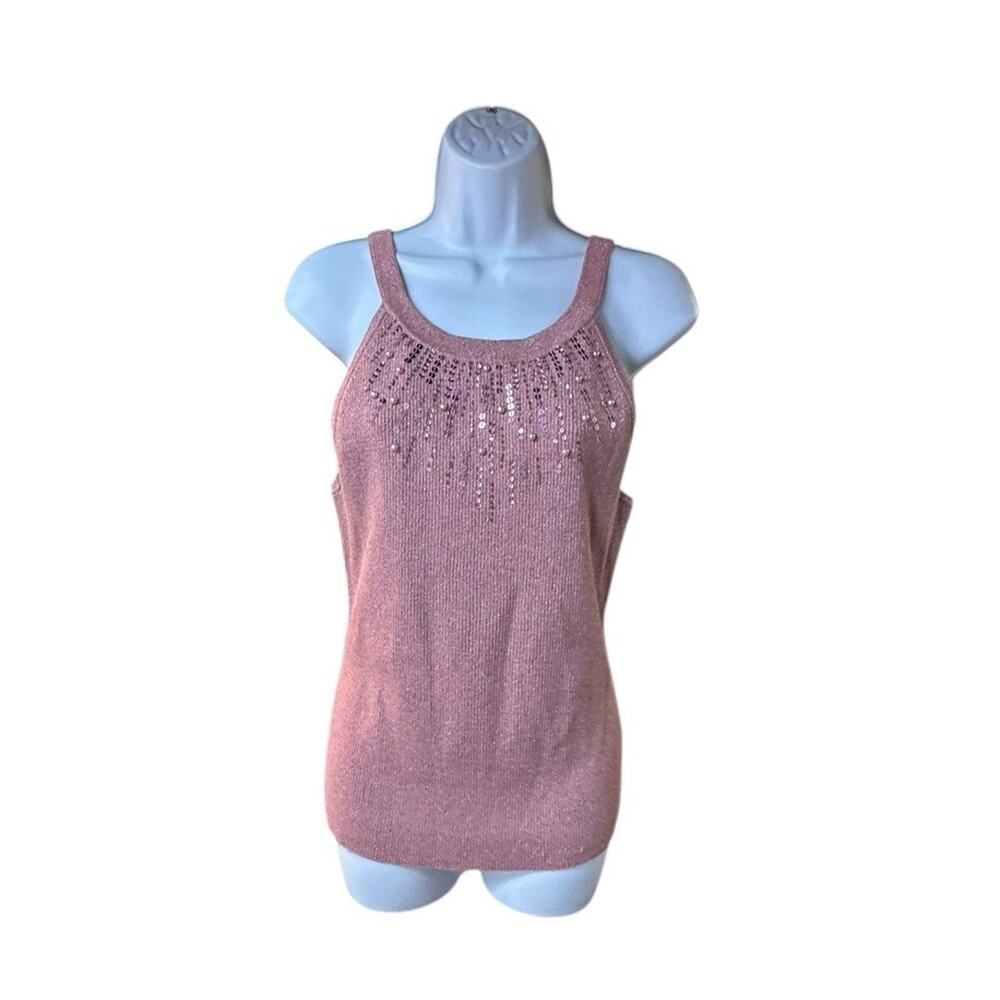 Cache Pink Metallic Knit Rhinestone Tank Top Y2K Clubwear Stretch Sz L